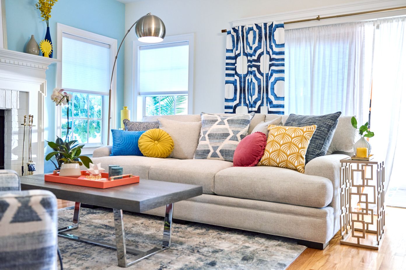 colorful living room with gray sofa 