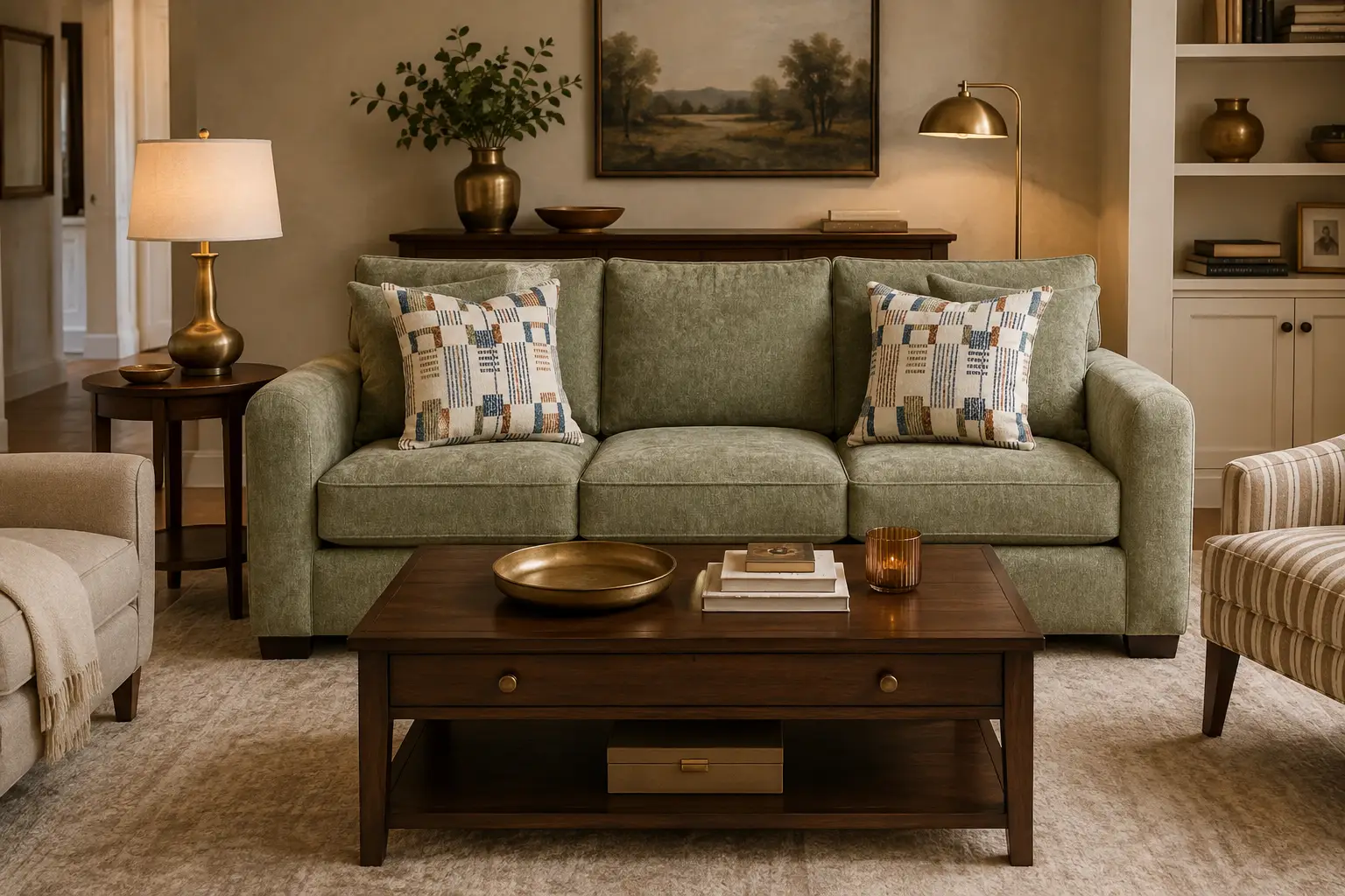 A sage green sofa with patterned throw pillows, centered in a living room with a wooden coffee table and warm lighting.