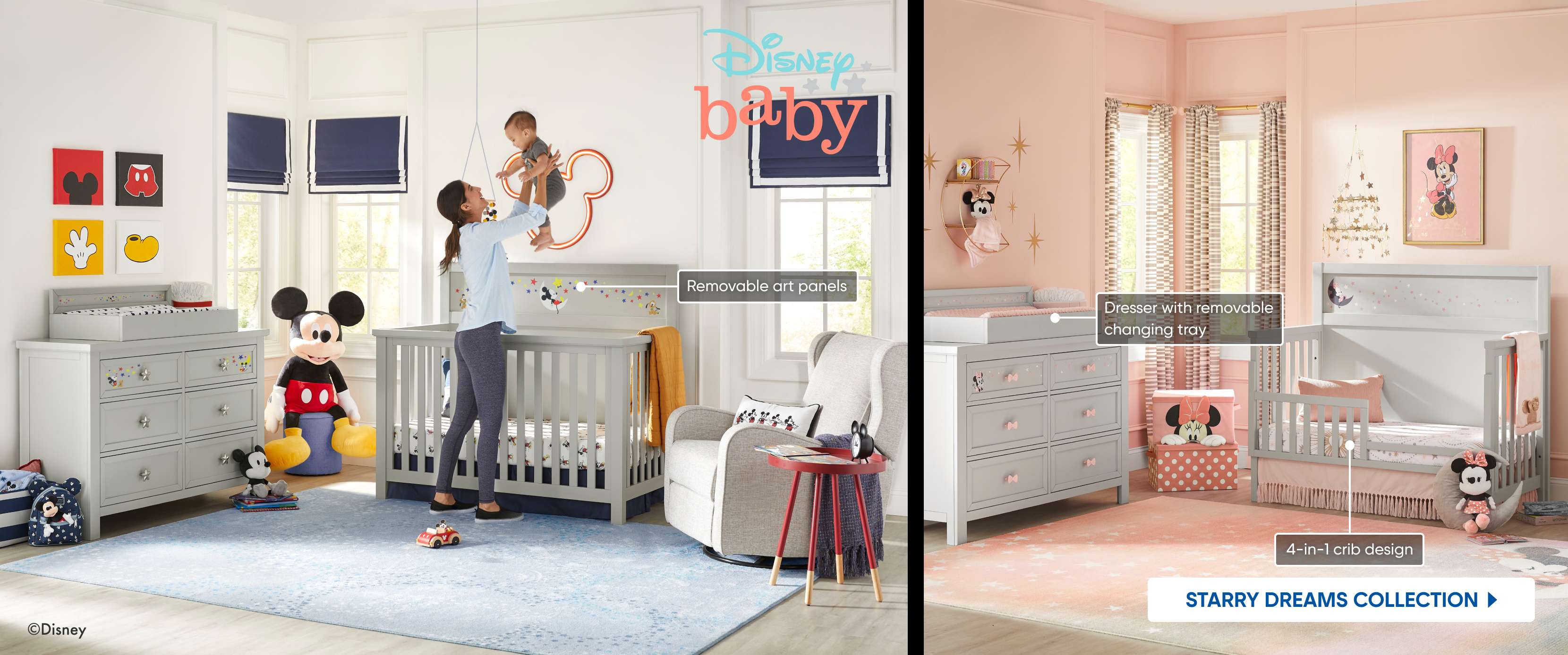 Disney baby nursery with crib, dresser, and decor.
