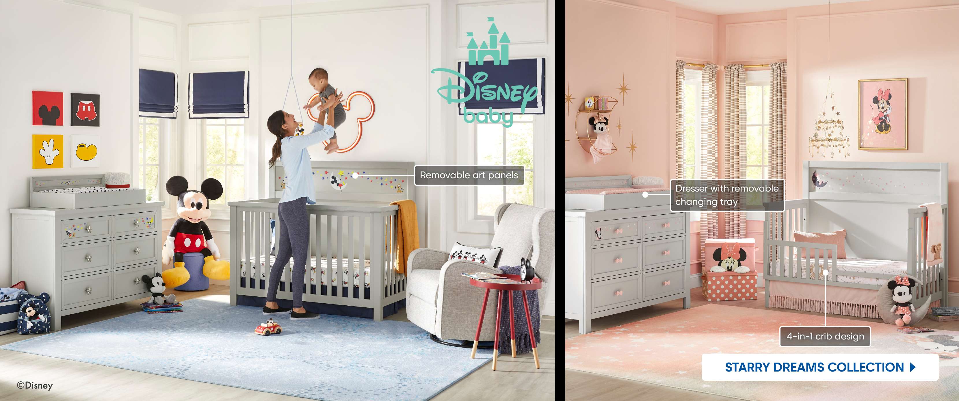Disney baby nursery with crib, dresser, and changing tray.
