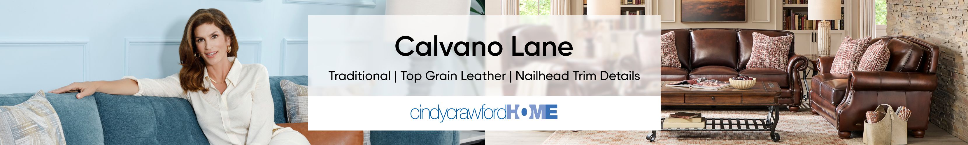 Calvano Lane | Traditional | Top Grain Leather | Nailhead Trim Details. Cindy Crawford Home.
