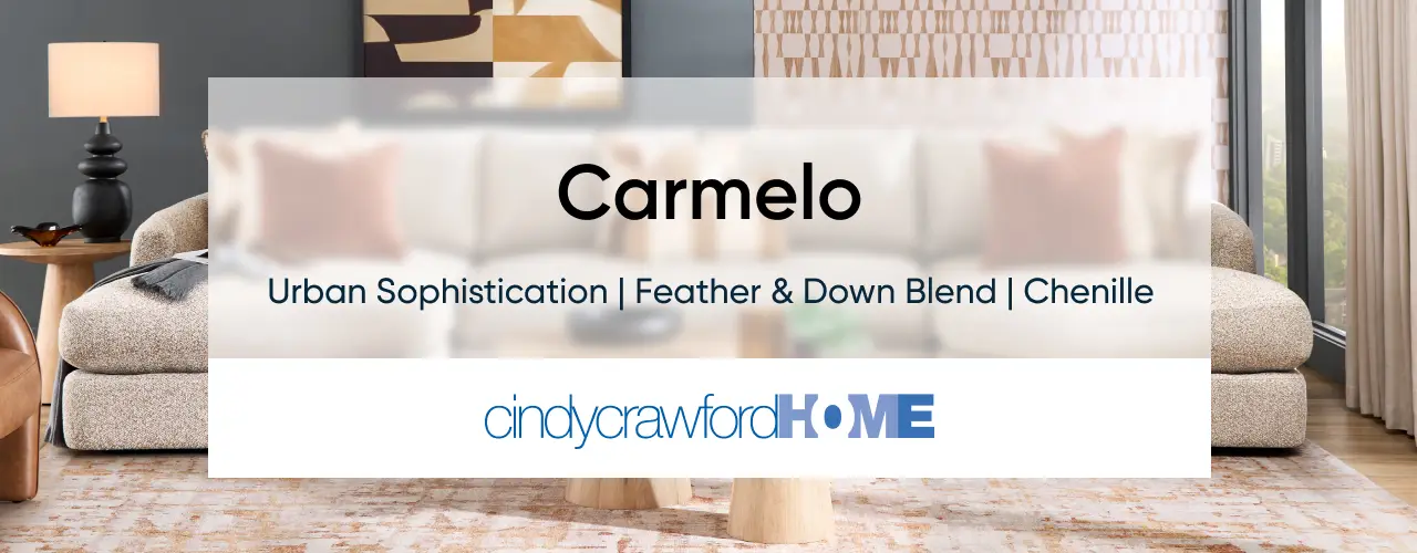 Carmelo Urban Sophistication | Feather & Down Blend | Chenille cindycrawfordHOME featuring Cindy Crawford on a blue sofa.