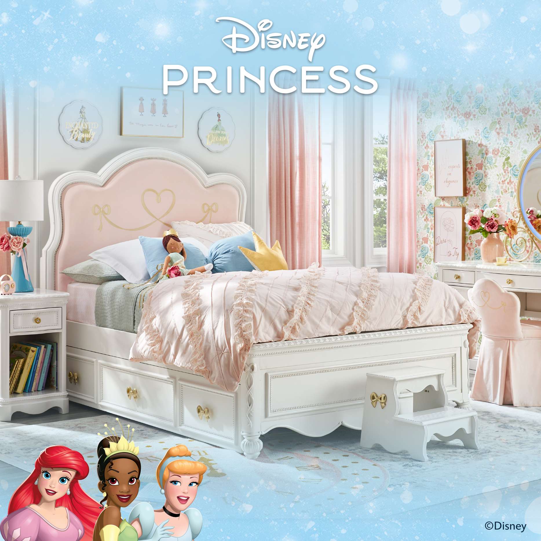 Disney Princess bedroom set with bed, vanity, and step stool.
