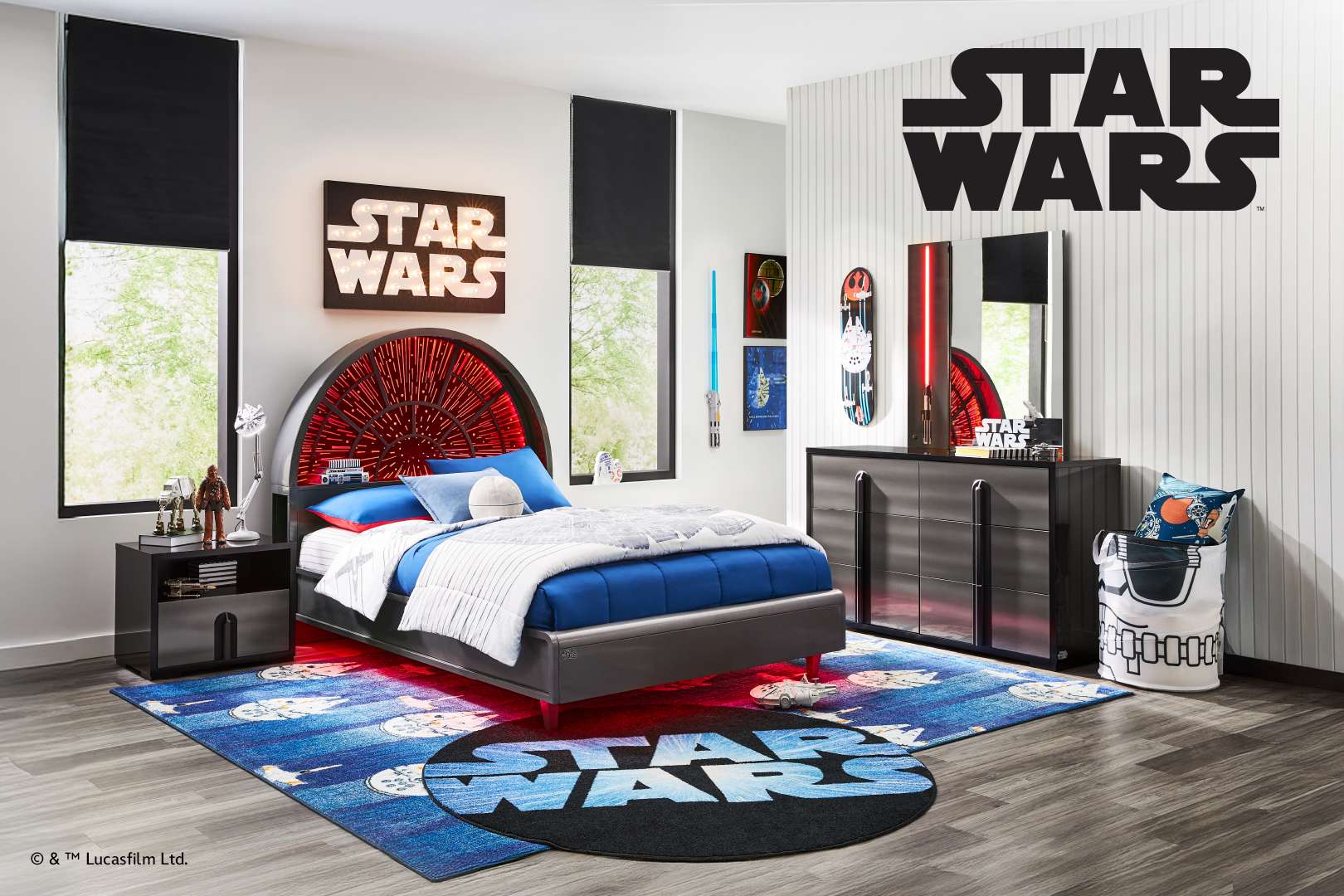 Star Wars themed bedroom with furniture and decor.
