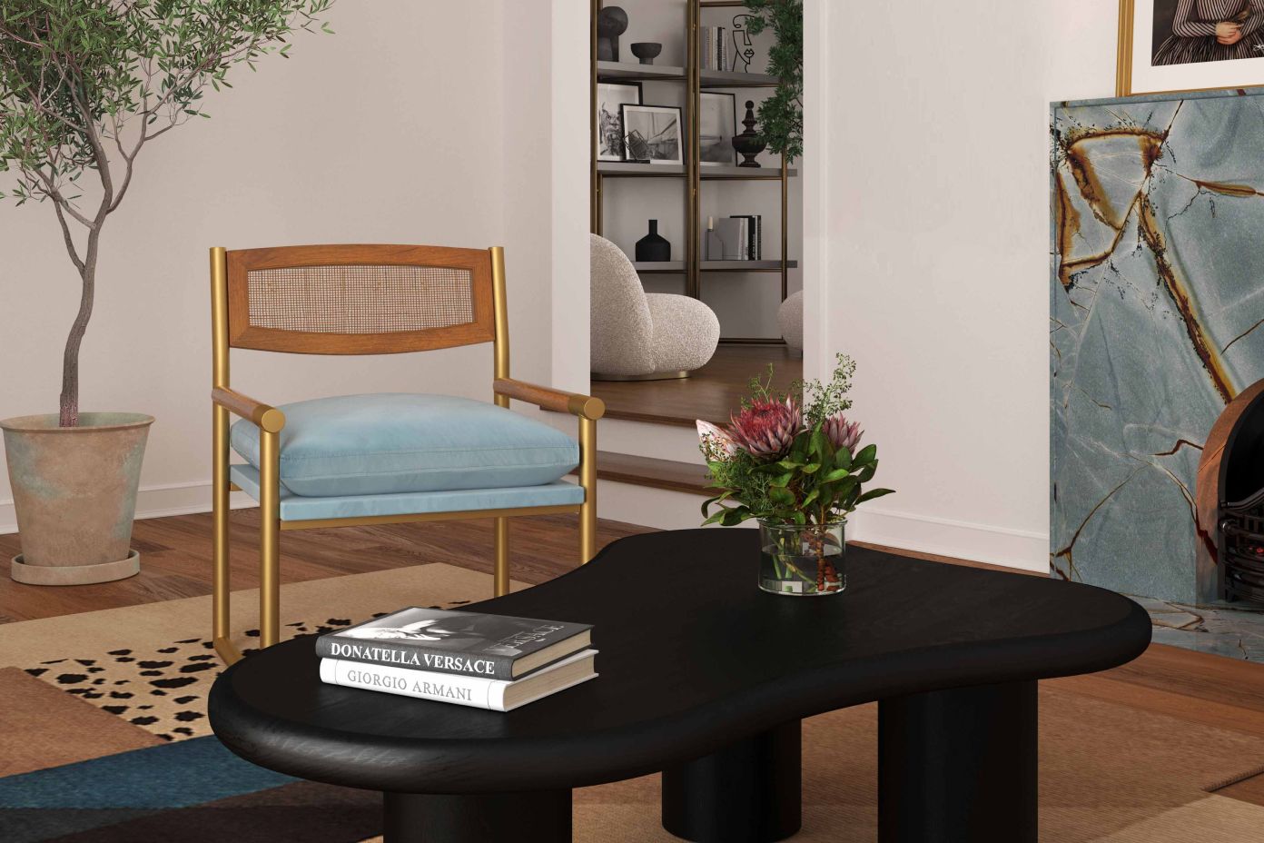 A modern living room with a black coffee table, a blue chair, and a vase of flowers.
