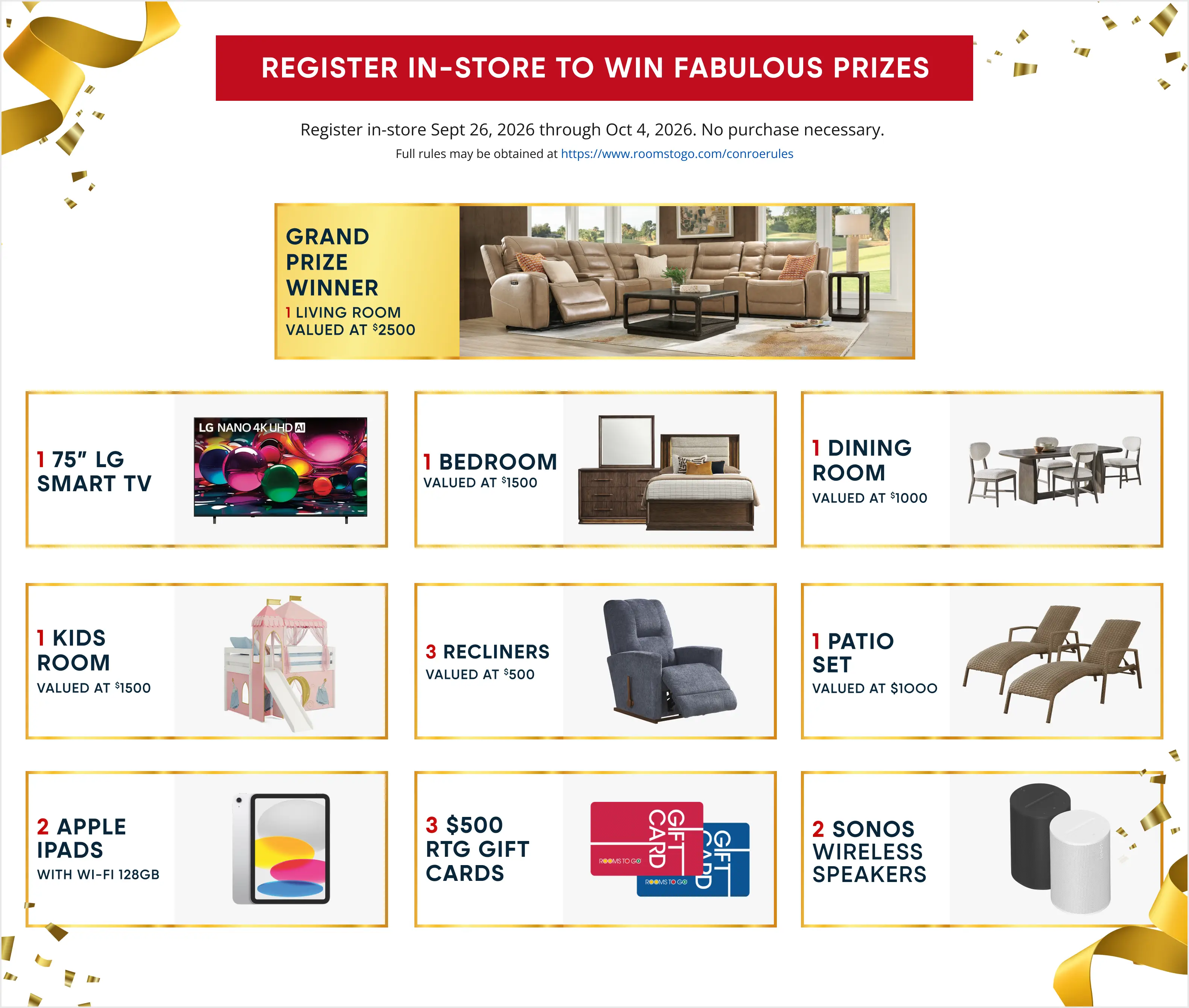 Rooms To Go sweepstakes flyer: Register in-store Sept 26–Oct 4, 2026, to win furniture, electronics, and gift cards.