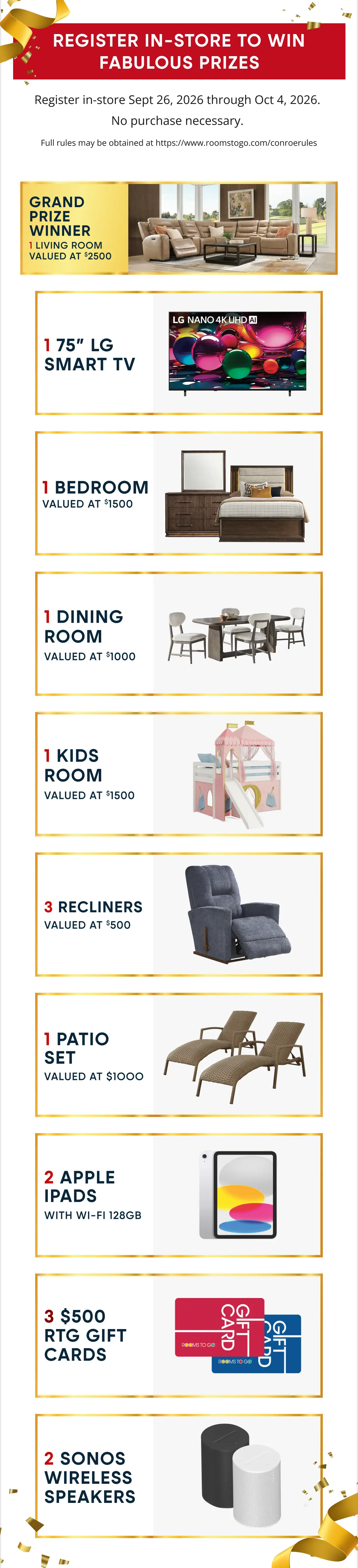 Rooms To Go sweepstakes flyer: Register in-store Sept 26–Oct 4, 2026, to win furniture, electronics, and gift cards.