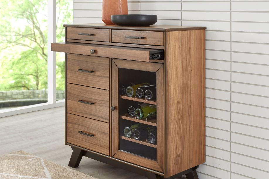 Wooden wine cabinet with drawers and a glass-door wine cooler.
