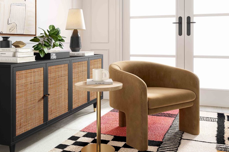 tan cabinet with tan chair