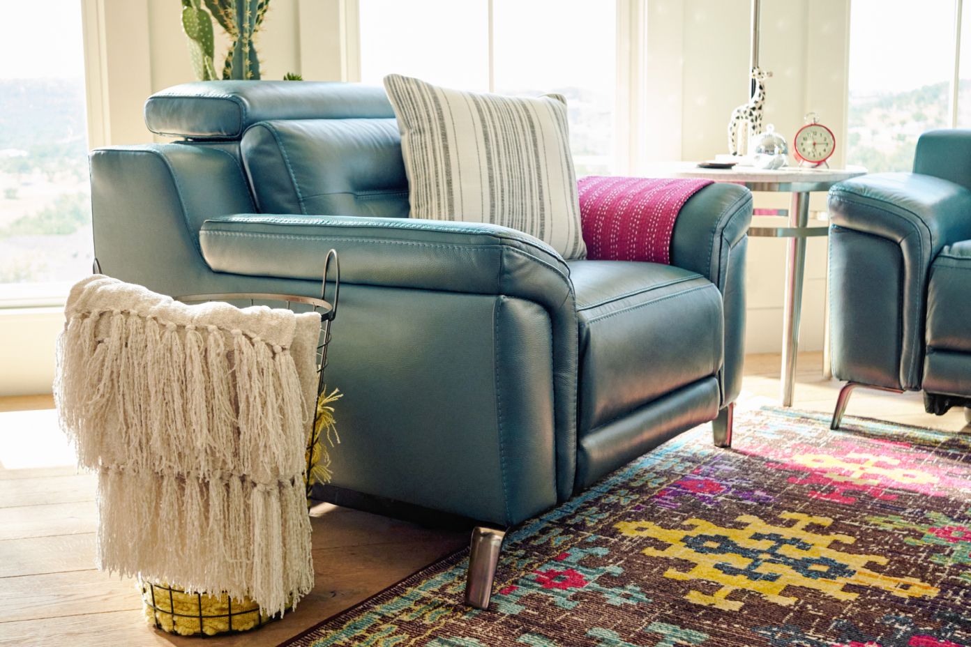 blue accent chair in a room