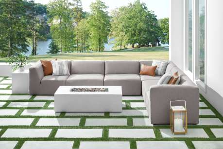 grey patio setting with fire pit 