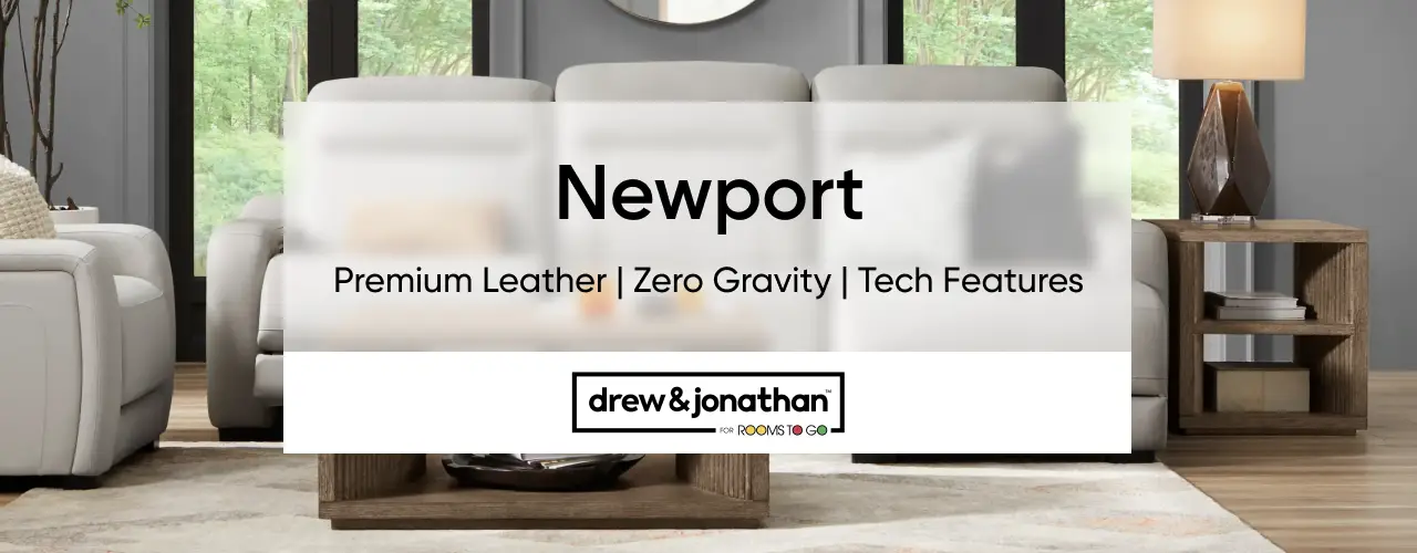 Newport Premium Leather | Zero Gravity | Tech Features by Drew & Jonathan for Rooms To Go featuring a leather sofa.