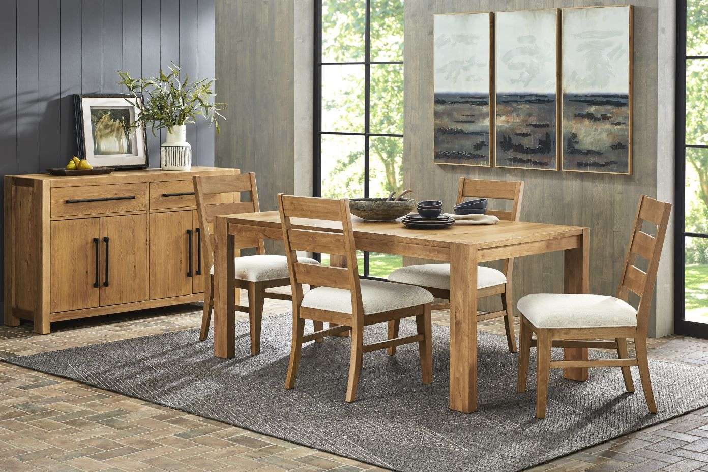 Wooden dining set with a table, chairs, and a sideboard.
