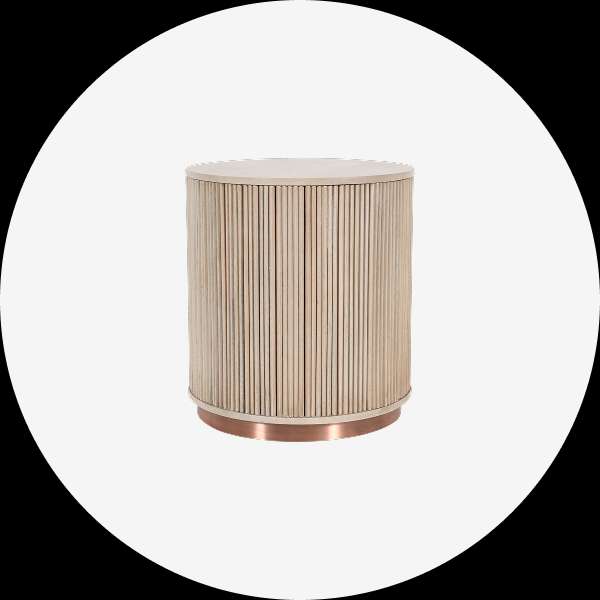 Round wooden cabinet with vertical slats and a copper base.
