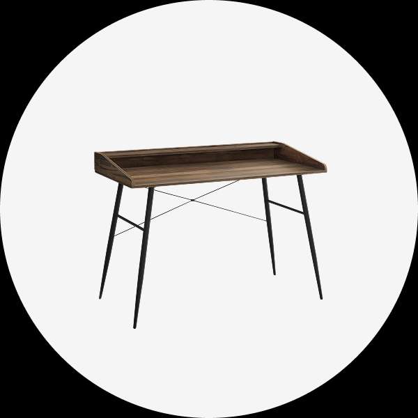 Wooden desk with black legs.
