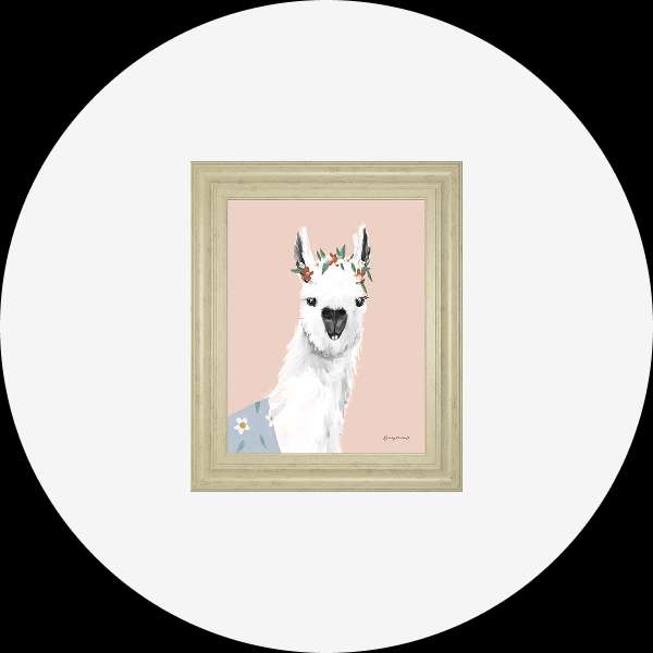 Framed artwork of a llama wearing a flower crown and a blue floral shirt.
