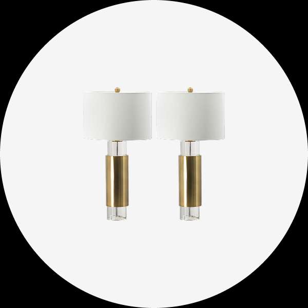 Two matching table lamps with white shades and gold bases.
