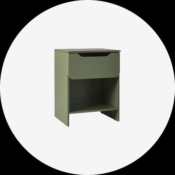 Green nightstand with a drawer and open shelf.
