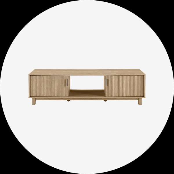 Wooden coffee table with two doors and an open shelf.
