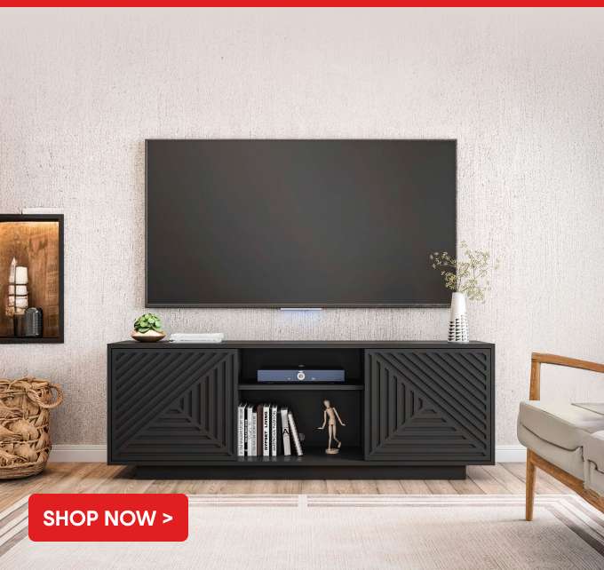 SHOP NOW > Black TV stand with a TV mounted above it.
