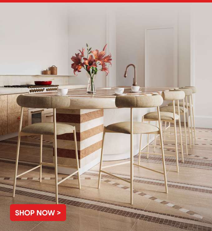 SHOP NOW >
Kitchen with bar stools.
