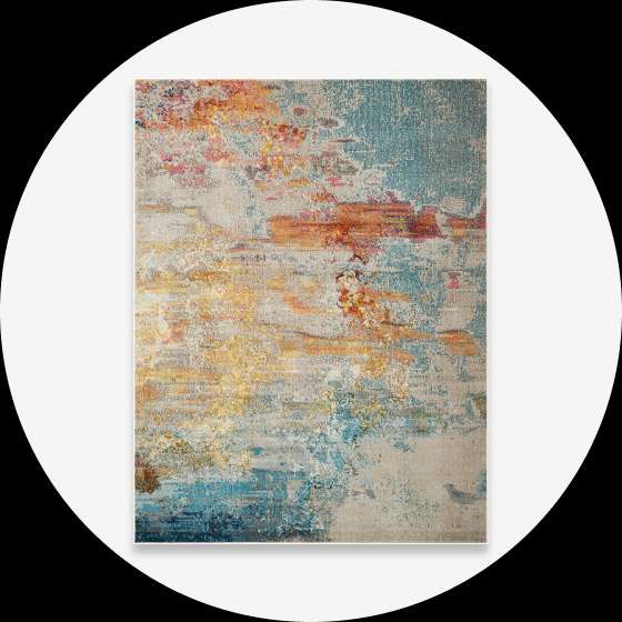 Abstract area rug with blue, orange, and yellow hues.

