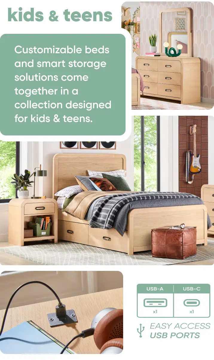 Kids and teens bedroom furniture with USB ports.
