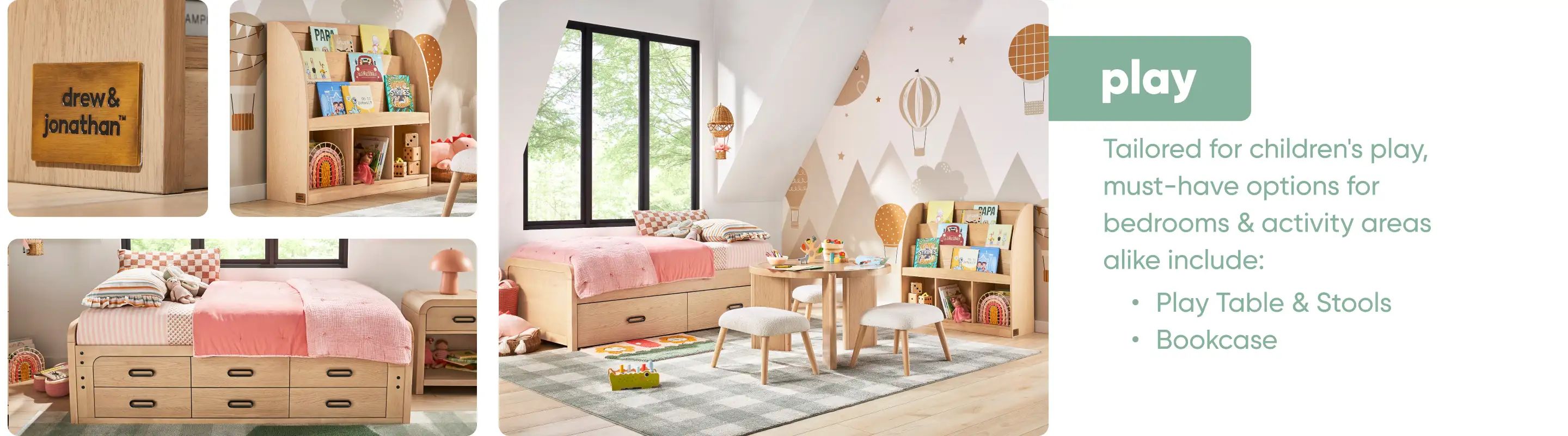 "drew & jonathan™ play. Play Table & Stools, Bookcase."
