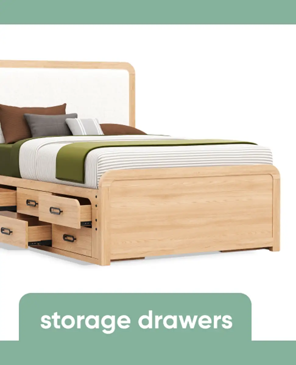 storage drawers. A wooden bed with storage drawers.
