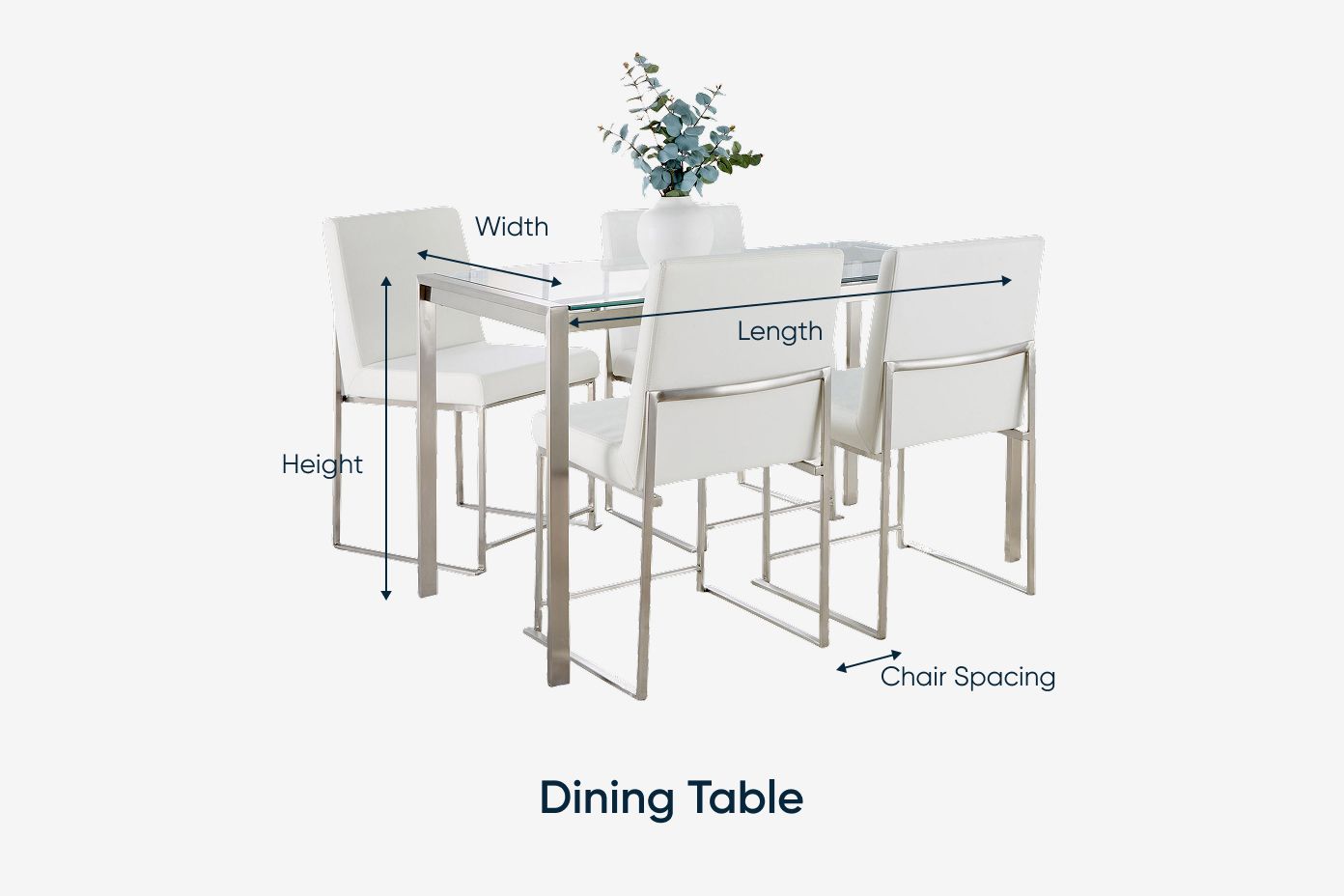 Dining table with dimensions labeled: width, length, height, and chair spacing.
