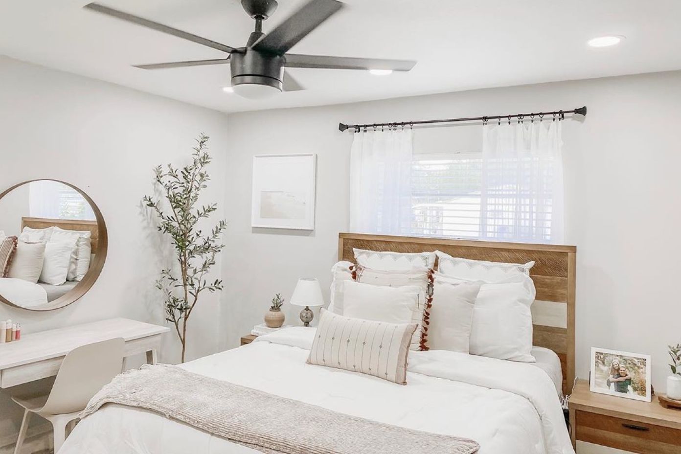 brown bedroom set with white comforter 