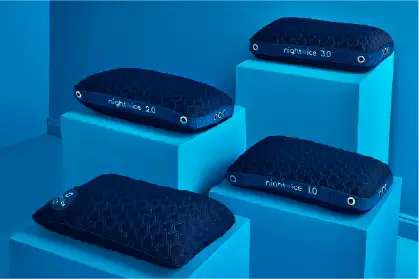 Four blue pillows labeled "night ice" on blue blocks.
