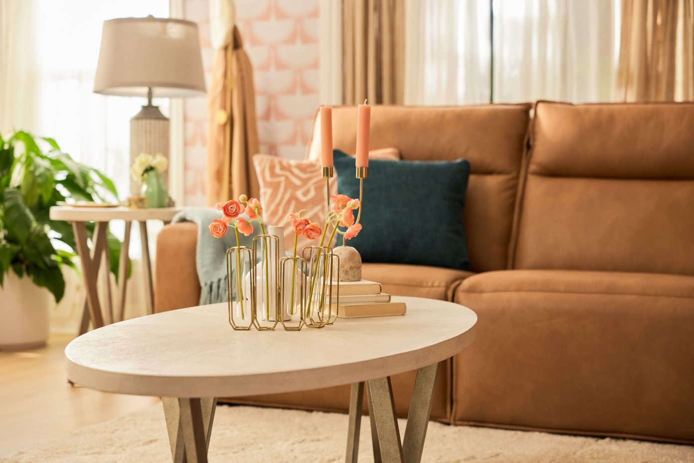 brown couch and light brown coffee table
