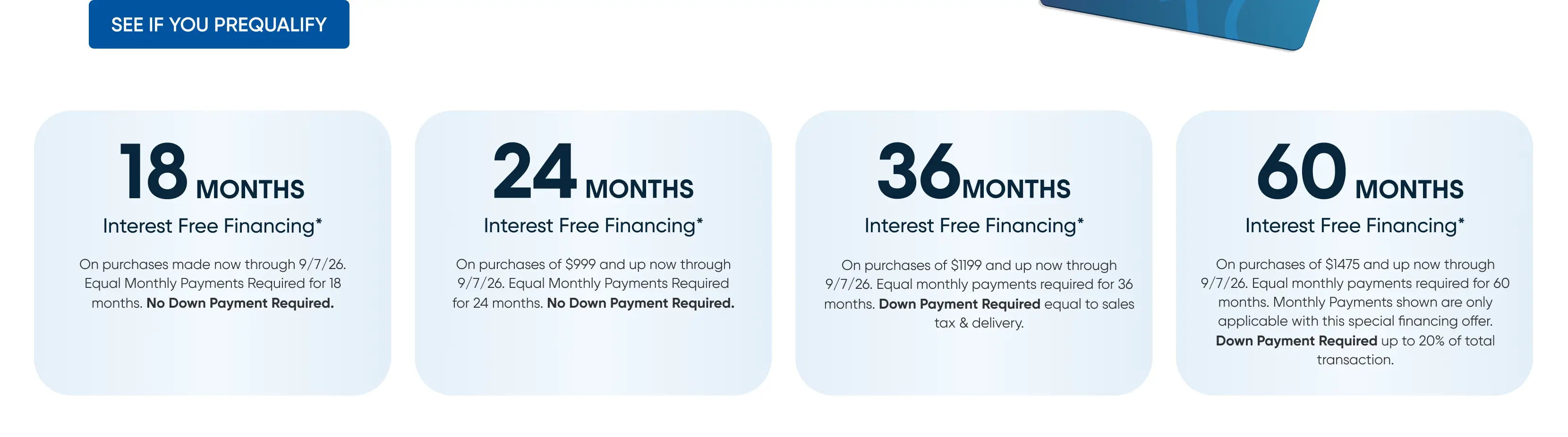 Financing offers: 18, 24, 36, and 60 months interest-free with varying purchase minimums and down payment requirements.