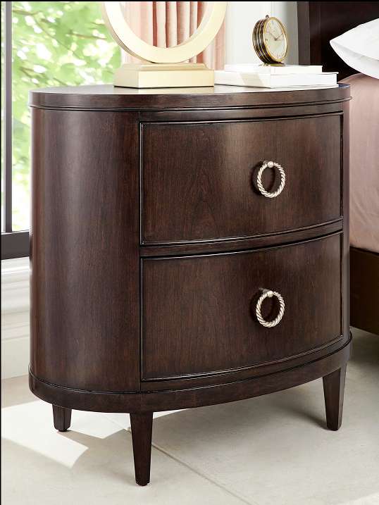 Dark brown nightstand with two drawers and silver ring pulls.

