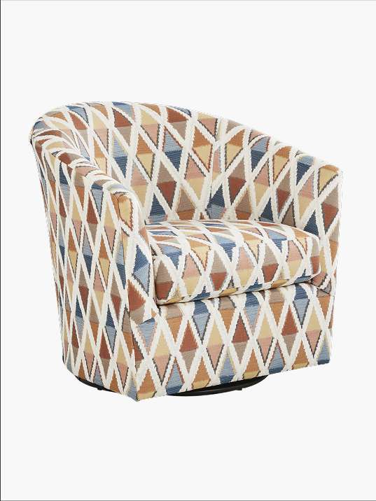 Swivel armchair with geometric pattern.
