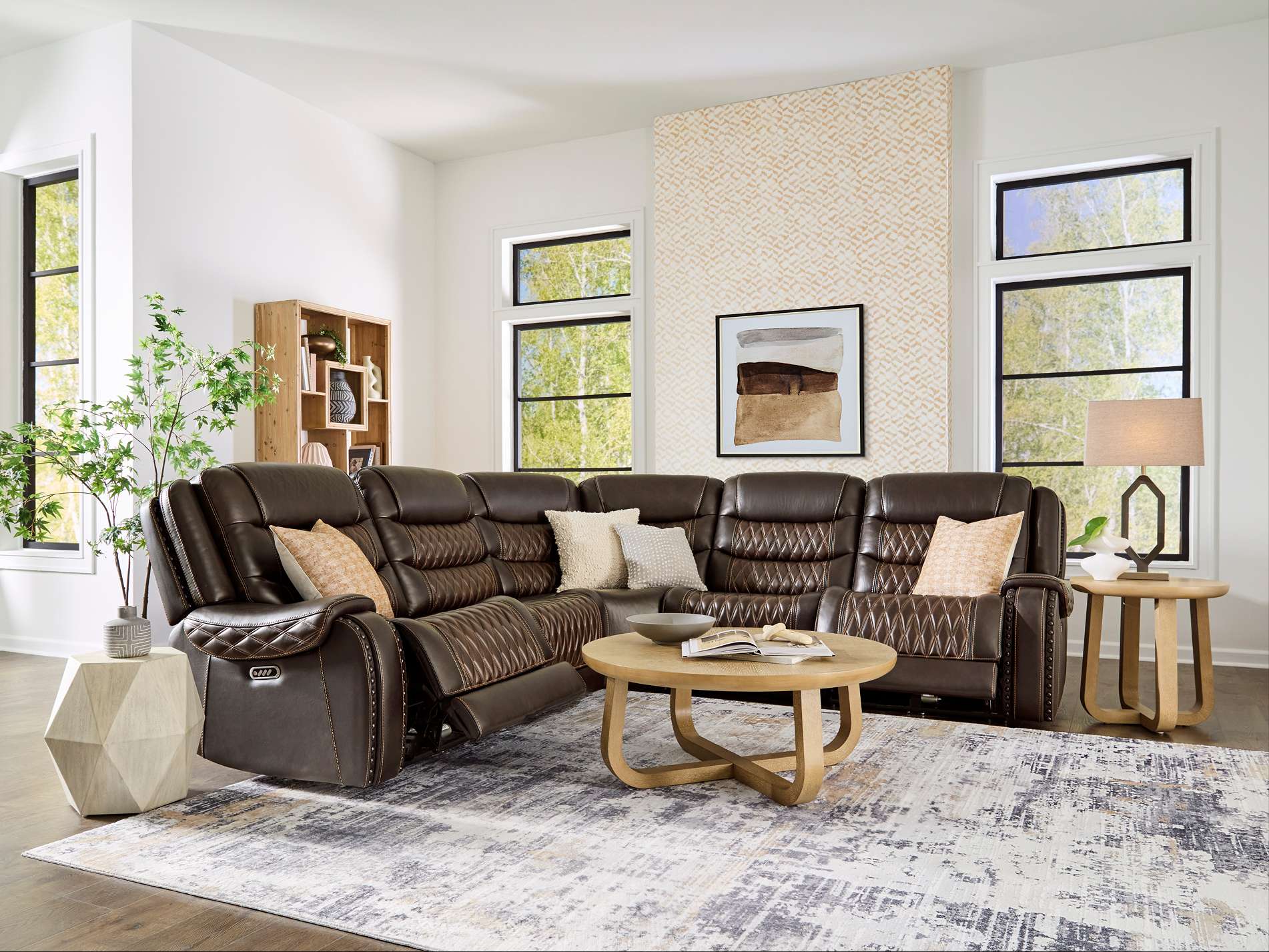 Brown leather sectional sofa in a living room.
