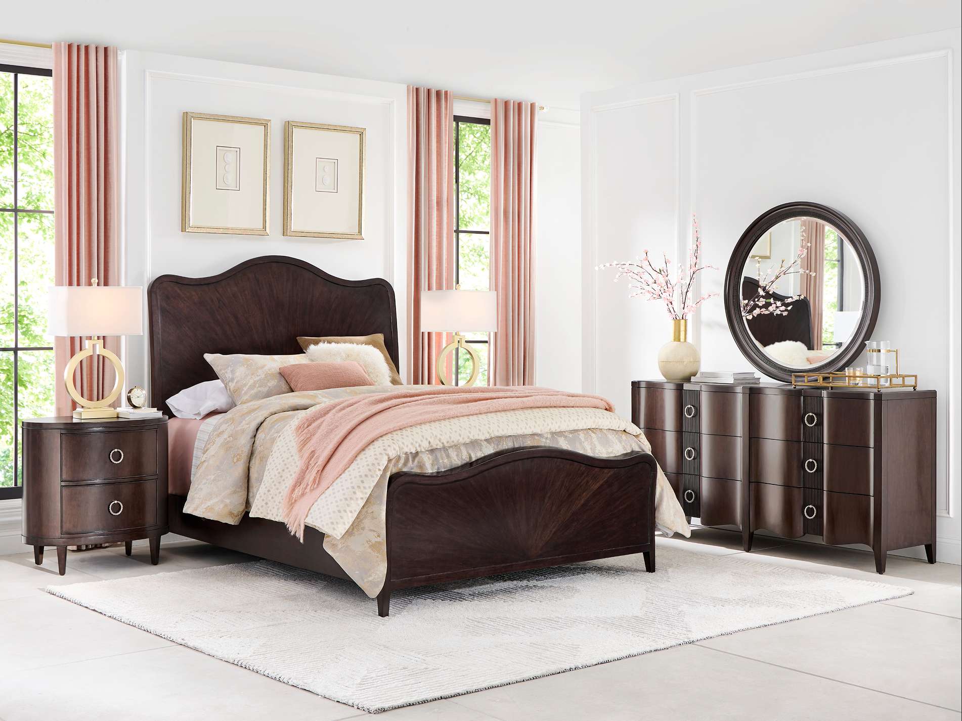 Bedroom furniture set with a bed, nightstands, and dresser.
