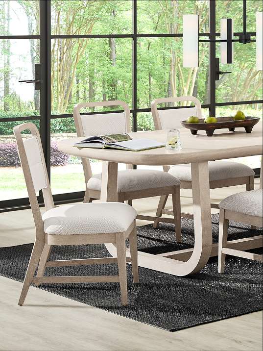 Dining table and chairs with a rug.
