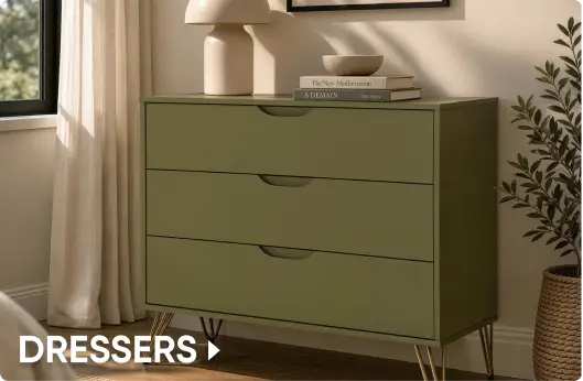 DRESSERS. A modern olive green three-drawer dresser with gold hairpin legs.