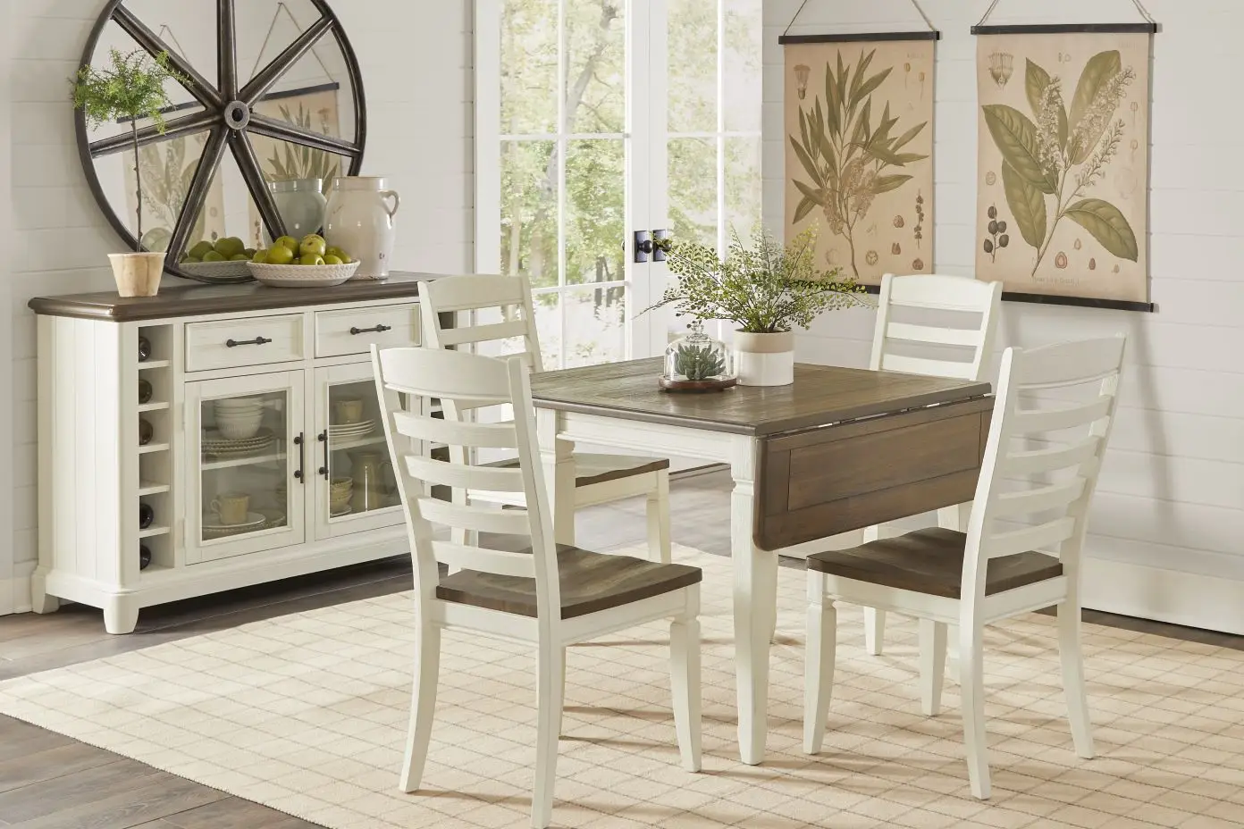 Dining room set with a table, chairs, and a buffet.
