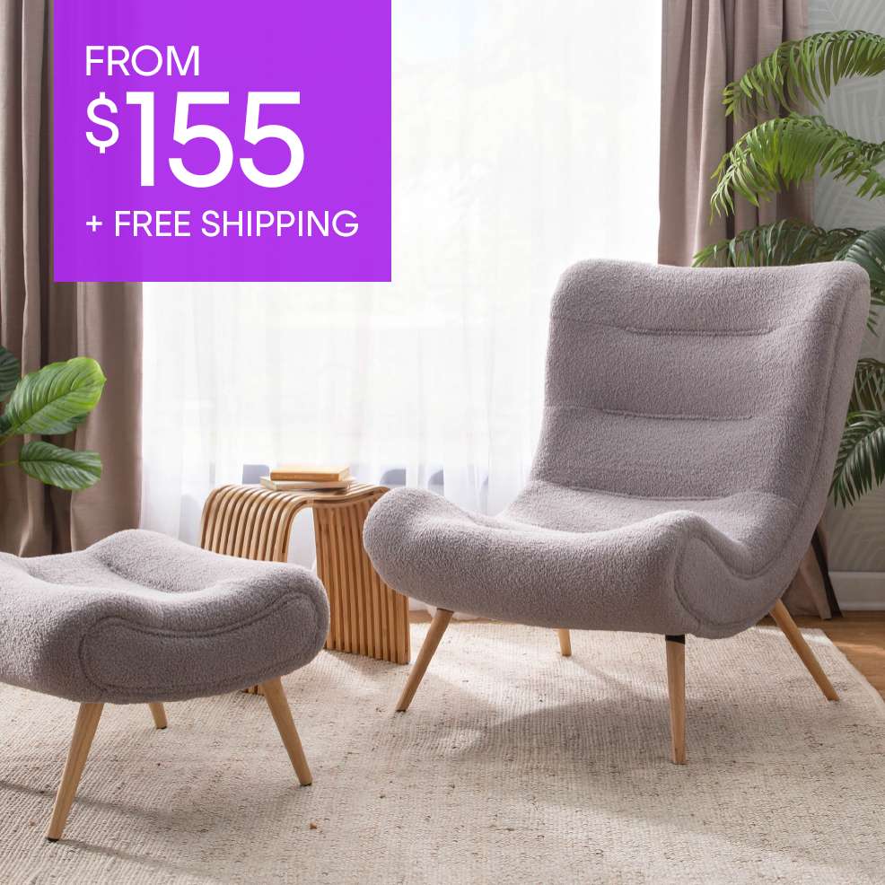 FROM $155 + FREE SHIPPING. A gray upholstered chair and ottoman set.
