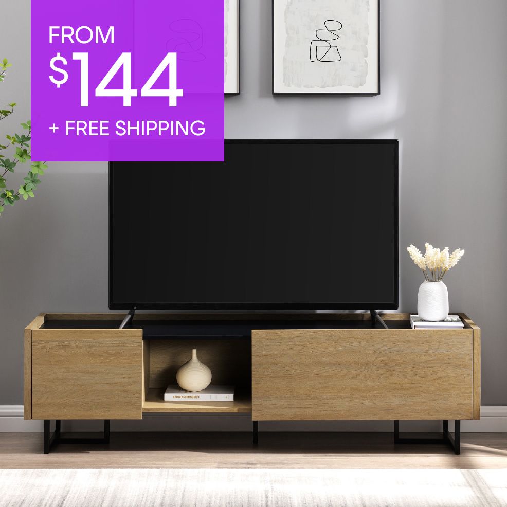 FROM $144 + FREE SHIPPING. A wooden TV stand with a black TV on top.
