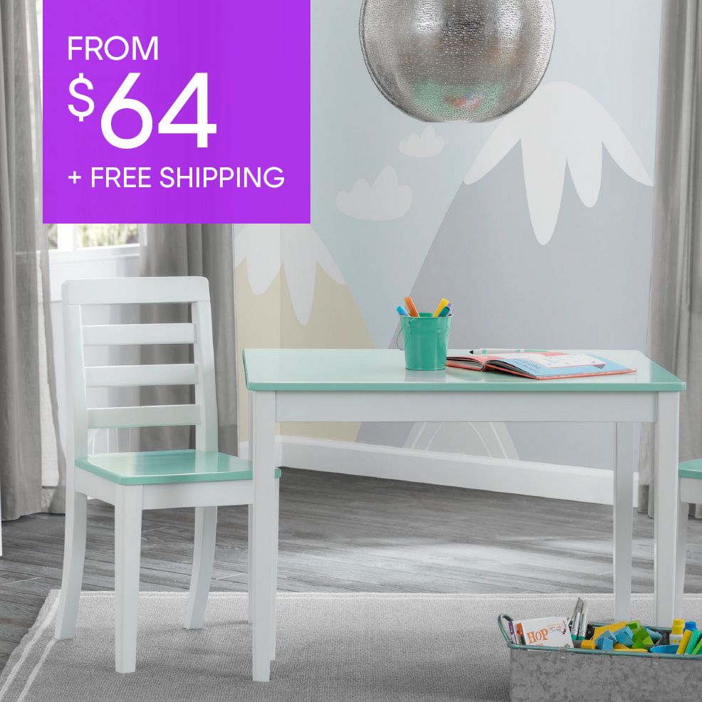 FROM $64 + FREE SHIPPING. A white and teal children's table and chair set.
