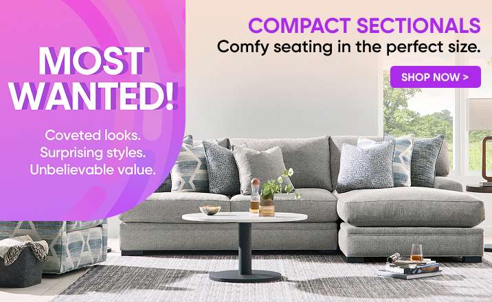 MOST WANTED! COMPACT SECTIONALS. Comfy seating in the perfect size. Shop Now. A gray sectional sofa with pillows.
