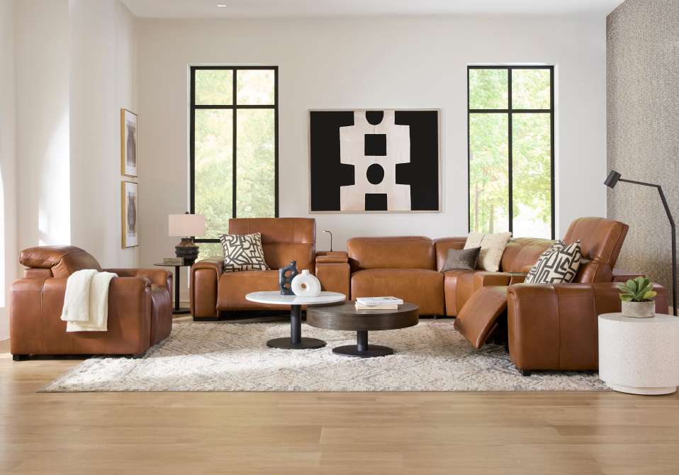 A living room with brown leather furniture, a rug, and a black and white abstract painting.

