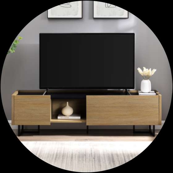 A wooden TV stand with a black TV on top.
