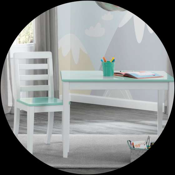 White table and chair set with a mint green tabletop and seat.
