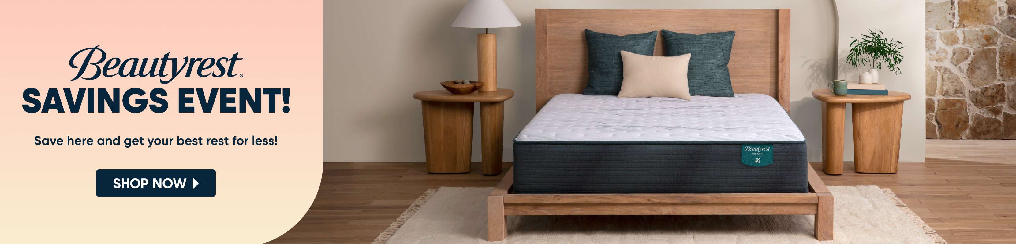 Beautyrest SAVINGS EVENT! Save here and get your best rest for less! Shop Now. A bed with pillows and side tables.
