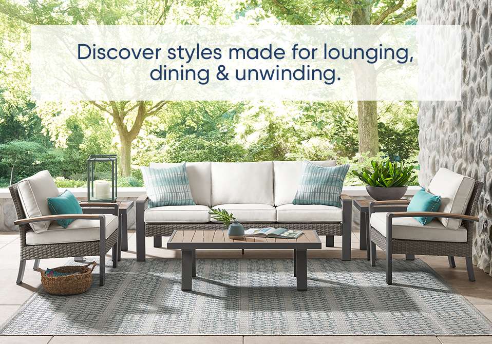 Discover styles made for lounging, dining & unwinding. Outdoor patio furniture set with a sofa, chairs, and coffee table.
